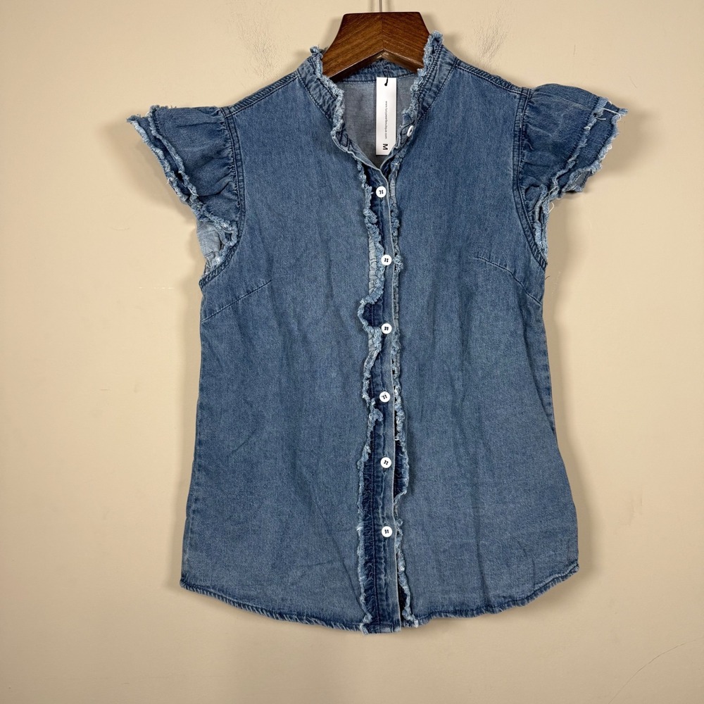 Lucy Pearl Boutique Denim Frayed Edge Flutter Sleeve Button Down Shirt Medium